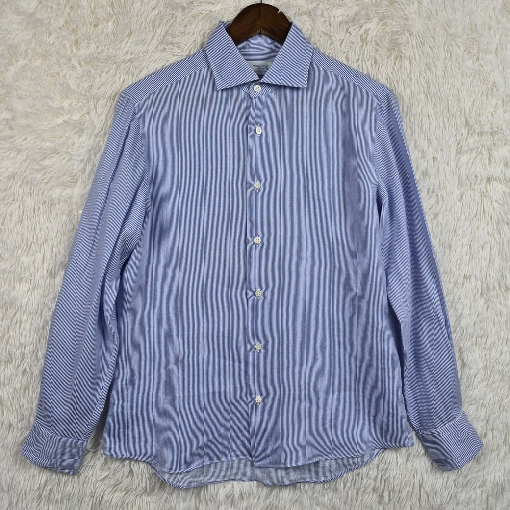 Maker's Shirt Kamakura Mens Blue White Striped 100% Linen Button Down Japan 15.5